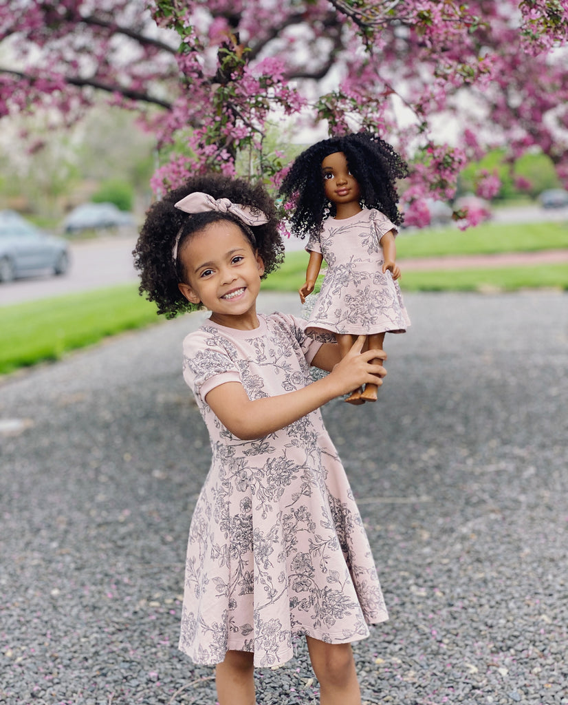 Matching Girl and 18 Inch Doll Dress in Cherry Blossom Print