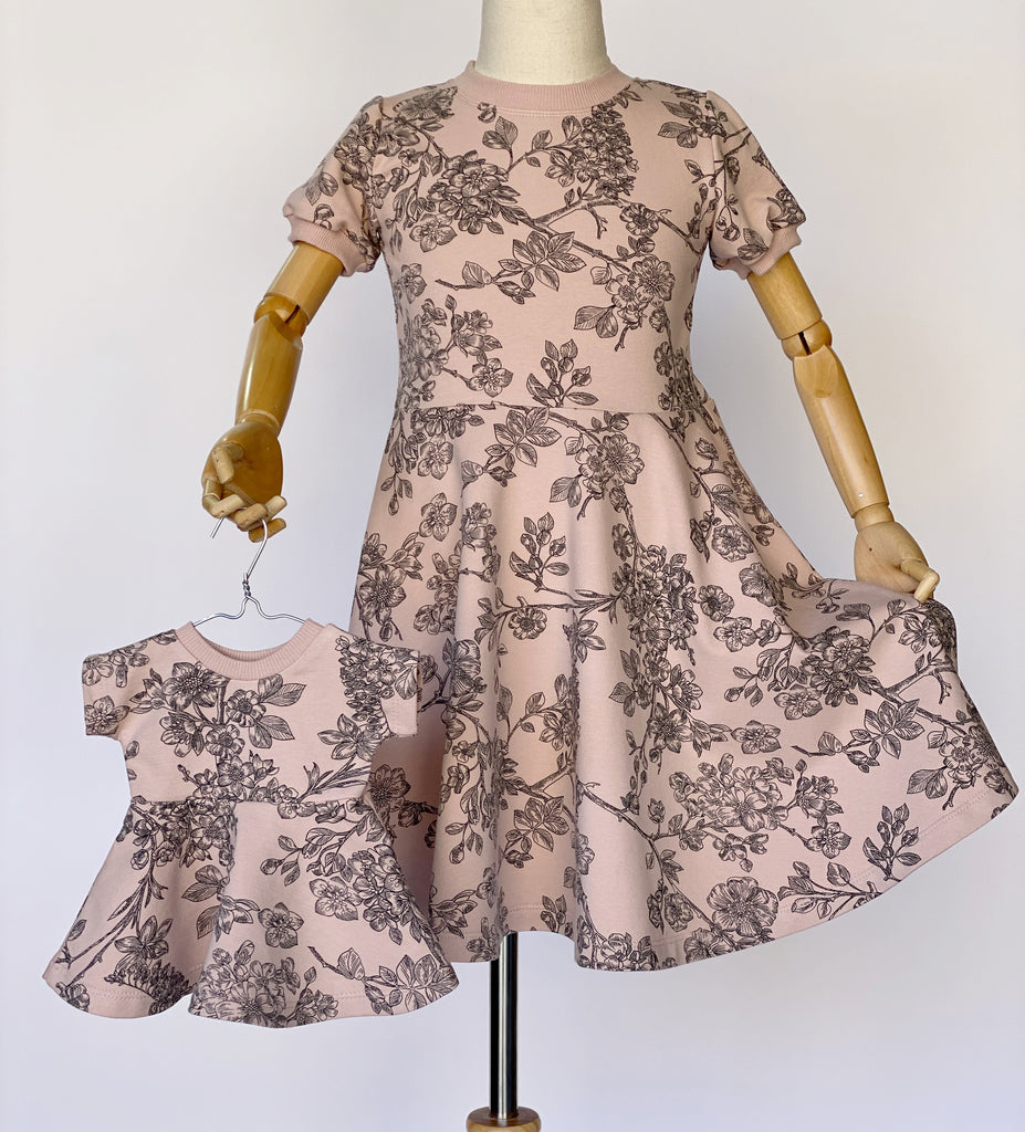 Matching Girl and 18 Inch Doll Dress in Cherry Blossom Print